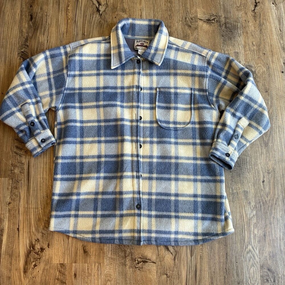 Sostanza Men's Plaid Flannel Button-Up Shirt Blue Cream Yellow Long Sleeve L